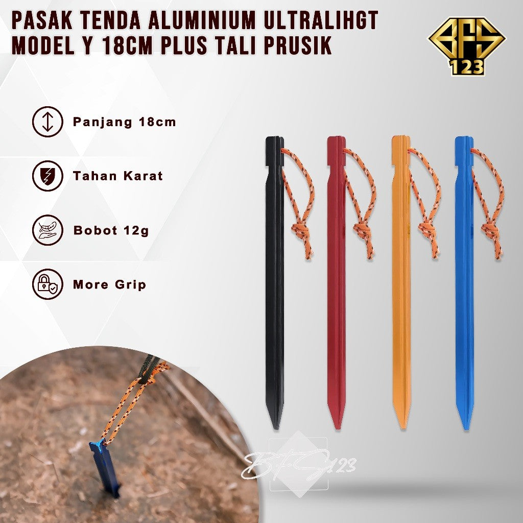 Pasak Tenda Aluminium Ultralight Model Y 18 Cm Plus Tali Prusik Camping Hiking Outdoor