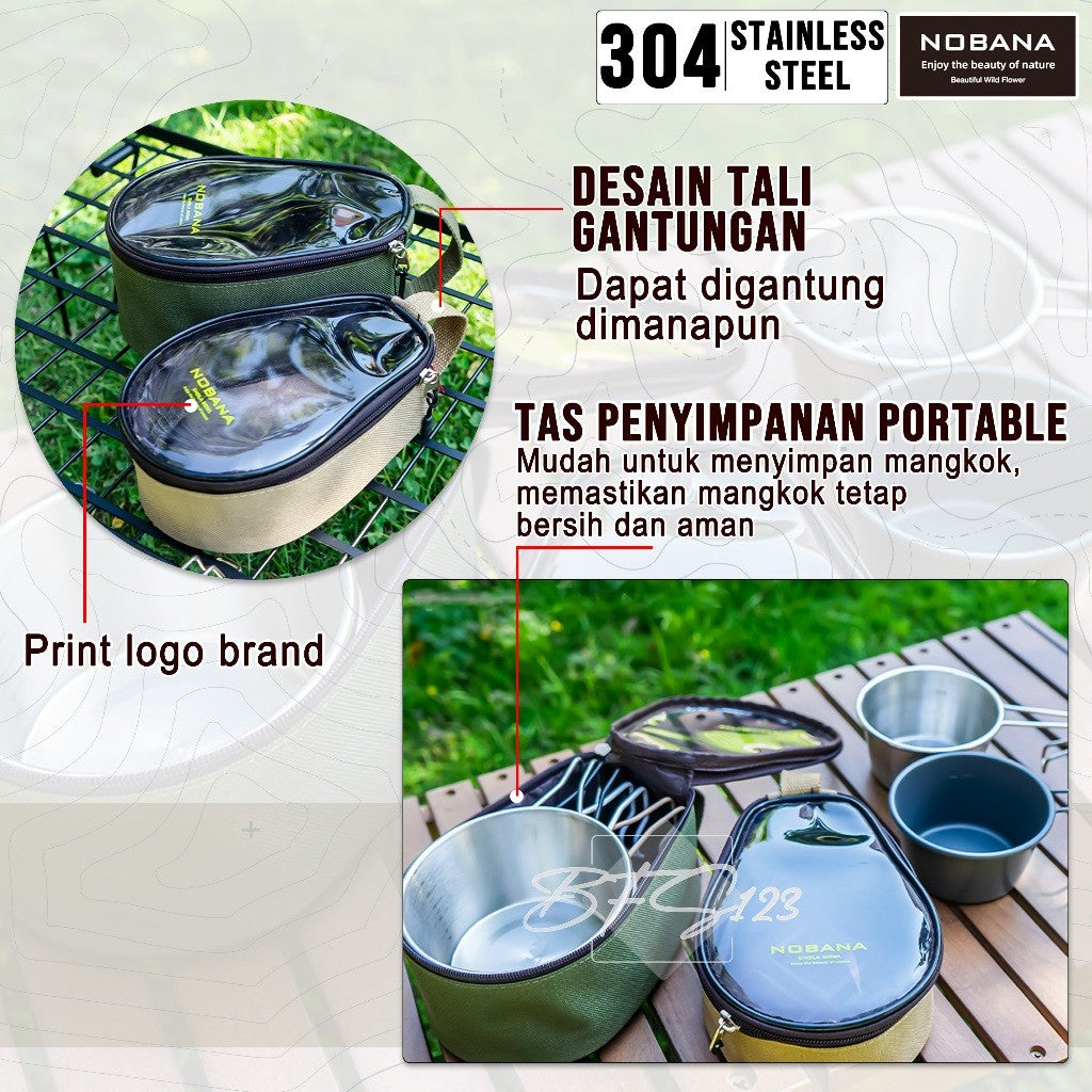 Mangkuk Gantung Camping Set 4 Pcs Stainless 304 Bowl Cup Portable Plus Storage BAG Camping Outdoor NOBANA