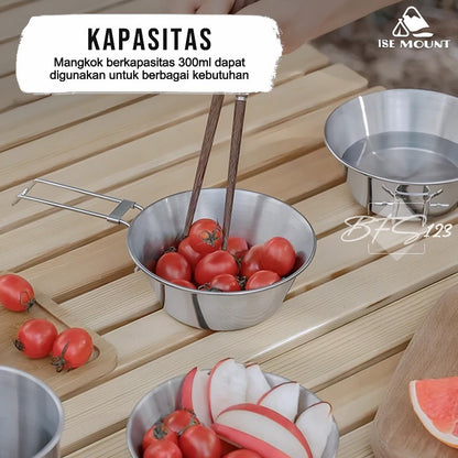 ISE Mount Mangkok Camping Stainless 304 Set 3 Pcs Gagang Lipat Storage BAG Kapasitas 300 ml Camping Outdoor