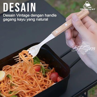 ISE Mount Set Sendok Garpu Makan Camping Outdoor Stainless Steel Handle Kayu Plus Storage Bag