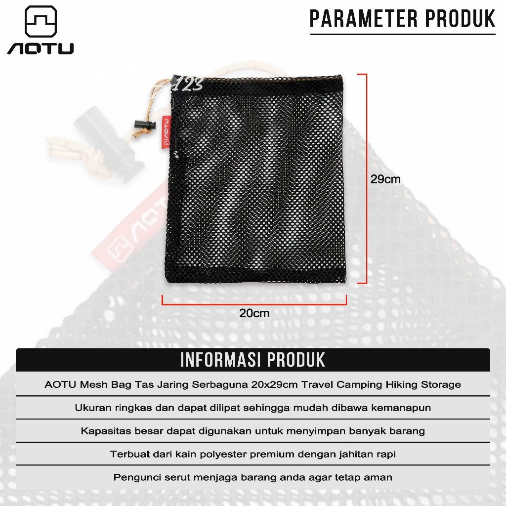 AOTU Mesh Bag Tas Jaring Serbaguna 20x29cm Travel Camping Hiking Storage