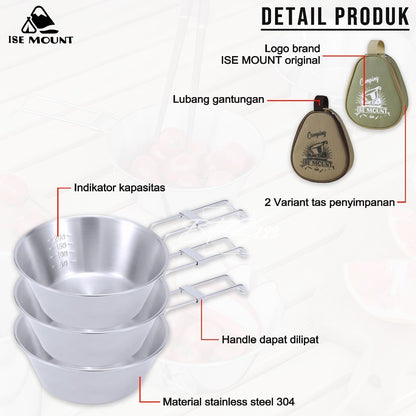 ISE Mount Mangkok Camping Stainless 304 Set 3 Pcs Gagang Lipat Storage BAG Kapasitas 300 ml Camping Outdoor