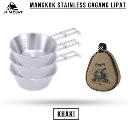 ISE Mount Mangkok Camping Stainless 304 Set 3 Pcs Gagang Lipat Storage BAG Kapasitas 300 ml Camping Outdoor