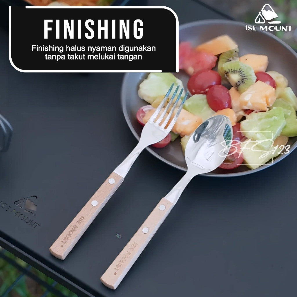 ISE Mount Set Sendok Garpu Makan Camping Outdoor Stainless Steel Handle Kayu Plus Storage Bag