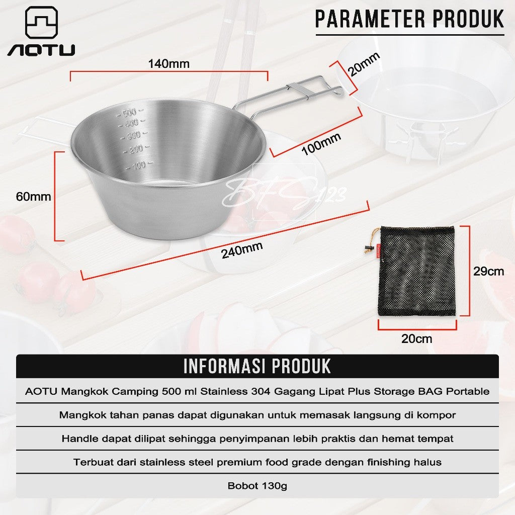 AOTU Mangkok Camping 500 ml Stainless 304 Gagang Lipat Plus Storage BAG Bowl Cup Portable Camping Outdoor