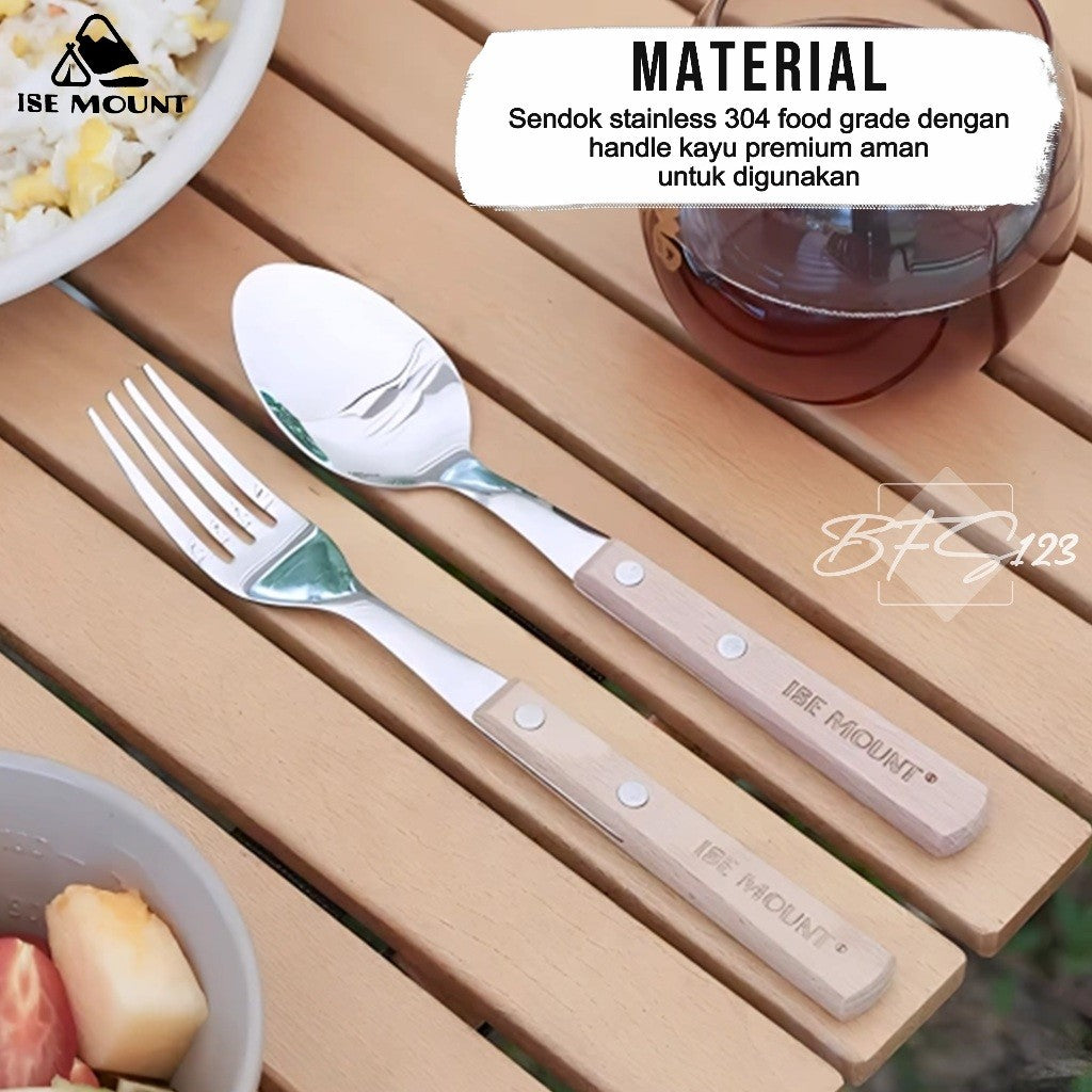 ISE Mount Set Sendok Garpu Makan Camping Outdoor Stainless Steel Handle Kayu Plus Storage Bag