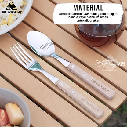 ISE Mount Set Sendok Garpu Makan Camping Outdoor Stainless Steel Handle Kayu Plus Storage Bag