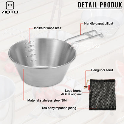 AOTU Mangkok Camping 500 ml Stainless 304 Gagang Lipat Plus Storage BAG Bowl Cup Portable Camping Outdoor