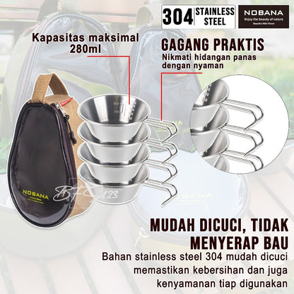 Mangkuk Gantung Camping Set 4 Pcs Stainless 304 Bowl Cup Portable Plus Storage BAG Camping Outdoor NOBANA