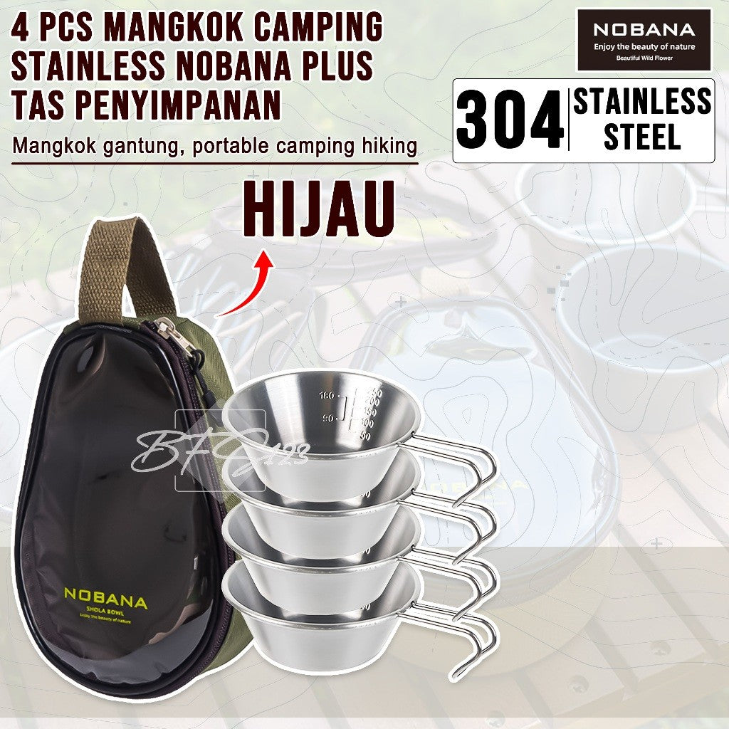 Mangkuk Gantung Camping Set 4 Pcs Stainless 304 Bowl Cup Portable Plus Storage BAG Camping Outdoor NOBANA