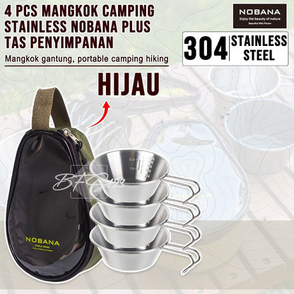 Mangkuk Gantung Camping Set 4 Pcs Stainless 304 Bowl Cup Portable Plus Storage BAG Camping Outdoor NOBANA