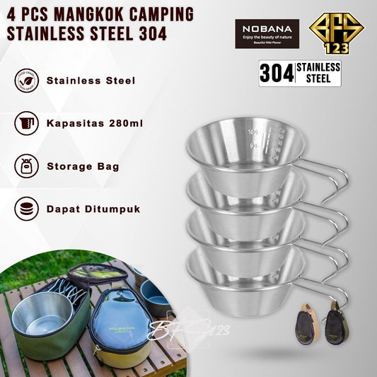 Mangkuk Gantung Camping Set 4 Pcs Stainless 304 Bowl Cup Portable Plus Storage BAG Camping Outdoor NOBANA