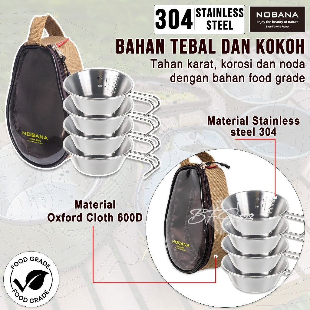 Mangkuk Gantung Camping Set 4 Pcs Stainless 304 Bowl Cup Portable Plus Storage BAG Camping Outdoor NOBANA
