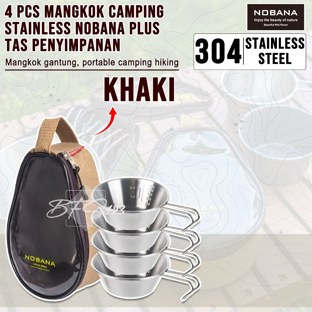 Mangkuk Gantung Camping Set 4 Pcs Stainless 304 Bowl Cup Portable Plus Storage BAG Camping Outdoor NOBANA