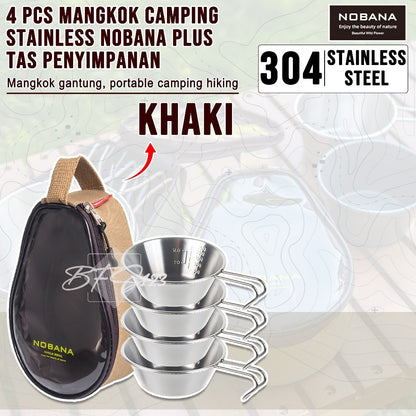 Mangkuk Gantung Camping Set 4 Pcs Stainless 304 Bowl Cup Portable Plus Storage BAG Camping Outdoor NOBANA