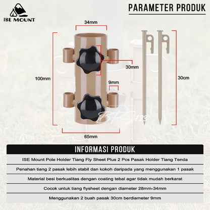 ISE Mount Pole Holder Tiang Fly Sheet Plus 2 Pcs Pasak Kanopi Tenda Stand Holder Tiang Tenda Camping 30 cm