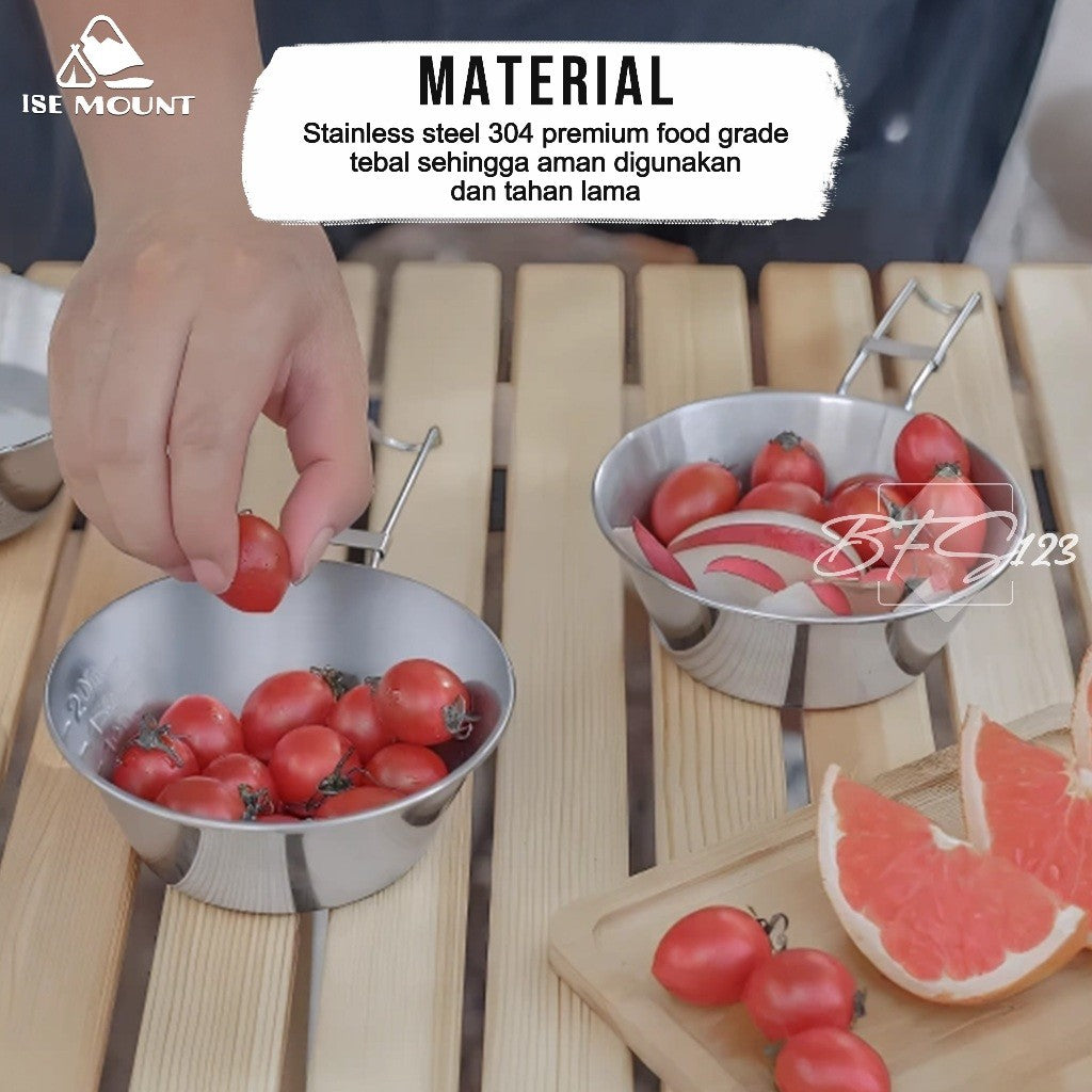 ISE Mount Mangkok Camping Stainless 304 Set 3 Pcs Gagang Lipat Storage BAG Kapasitas 300 ml Camping Outdoor