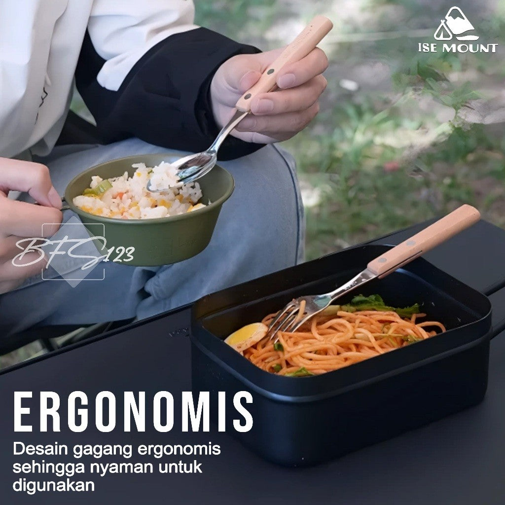 ISE Mount Set Sendok Garpu Makan Camping Outdoor Stainless Steel Handle Kayu Plus Storage Bag