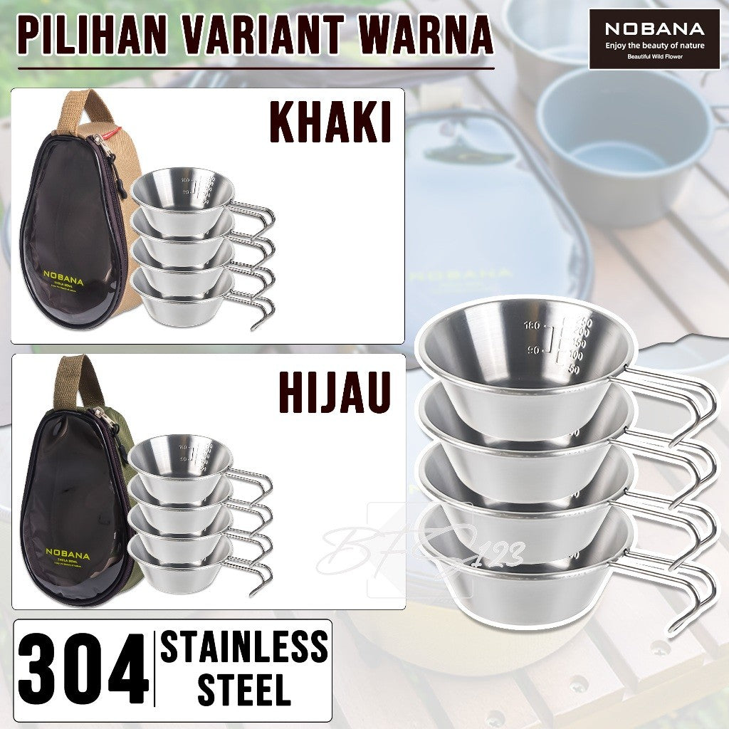Mangkuk Gantung Camping Set 4 Pcs Stainless 304 Bowl Cup Portable Plus Storage BAG Camping Outdoor NOBANA