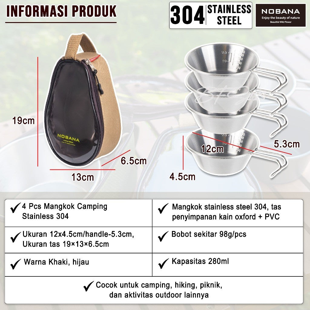 Mangkuk Gantung Camping Set 4 Pcs Stainless 304 Bowl Cup Portable Plus Storage BAG Camping Outdoor NOBANA