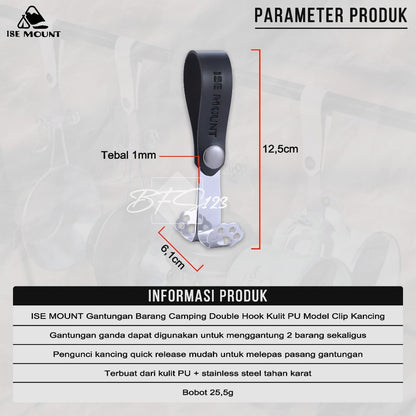 ISE MOUNT Gantungan Barang Camping Double Hook Kulit PU Model Clip Kancing Stainless Campervan Outdoor