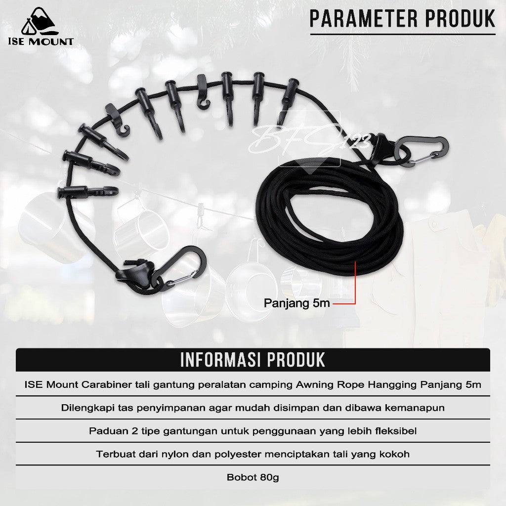 ISE MOUNT Carabiner Tali Gantungan Jemur Tenda Kait Hook Campervan 5 Meter Plus Storage BAG