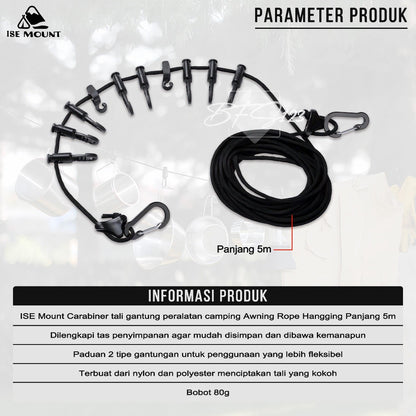 ISE MOUNT Carabiner Tali Gantungan Jemur Tenda Kait Hook Campervan 5 Meter Plus Storage BAG