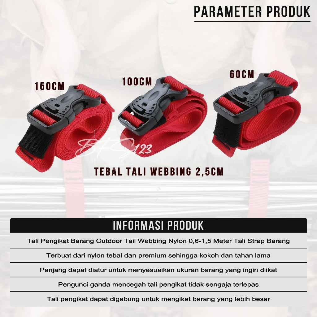 Tali Pengikat Barang Outdoor Tali Webbing Nylon 0,6-1,5 Meter Tali Strap Barang Camping Outdoor Hiking