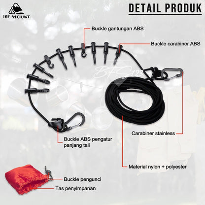 ISE MOUNT Carabiner Tali Gantungan Jemur Tenda Kait Hook Campervan 5 Meter Plus Storage BAG