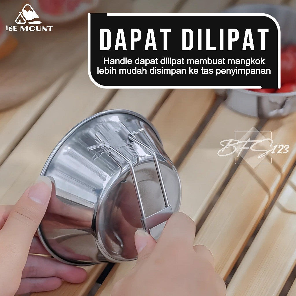ISE Mount Mangkok Camping Stainless 304 Set 3 Pcs Gagang Lipat Storage BAG Kapasitas 300 ml Camping Outdoor