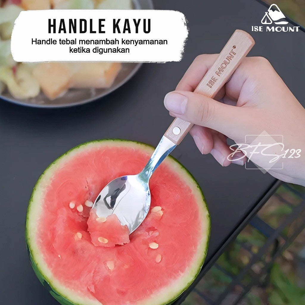 ISE Mount Set Sendok Garpu Makan Camping Outdoor Stainless Steel Handle Kayu Plus Storage Bag