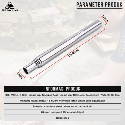 ISE MOUNT Stik Peniup Api Unggun Alat Peniup Api Stainless Telescopic Portable 60 Cm