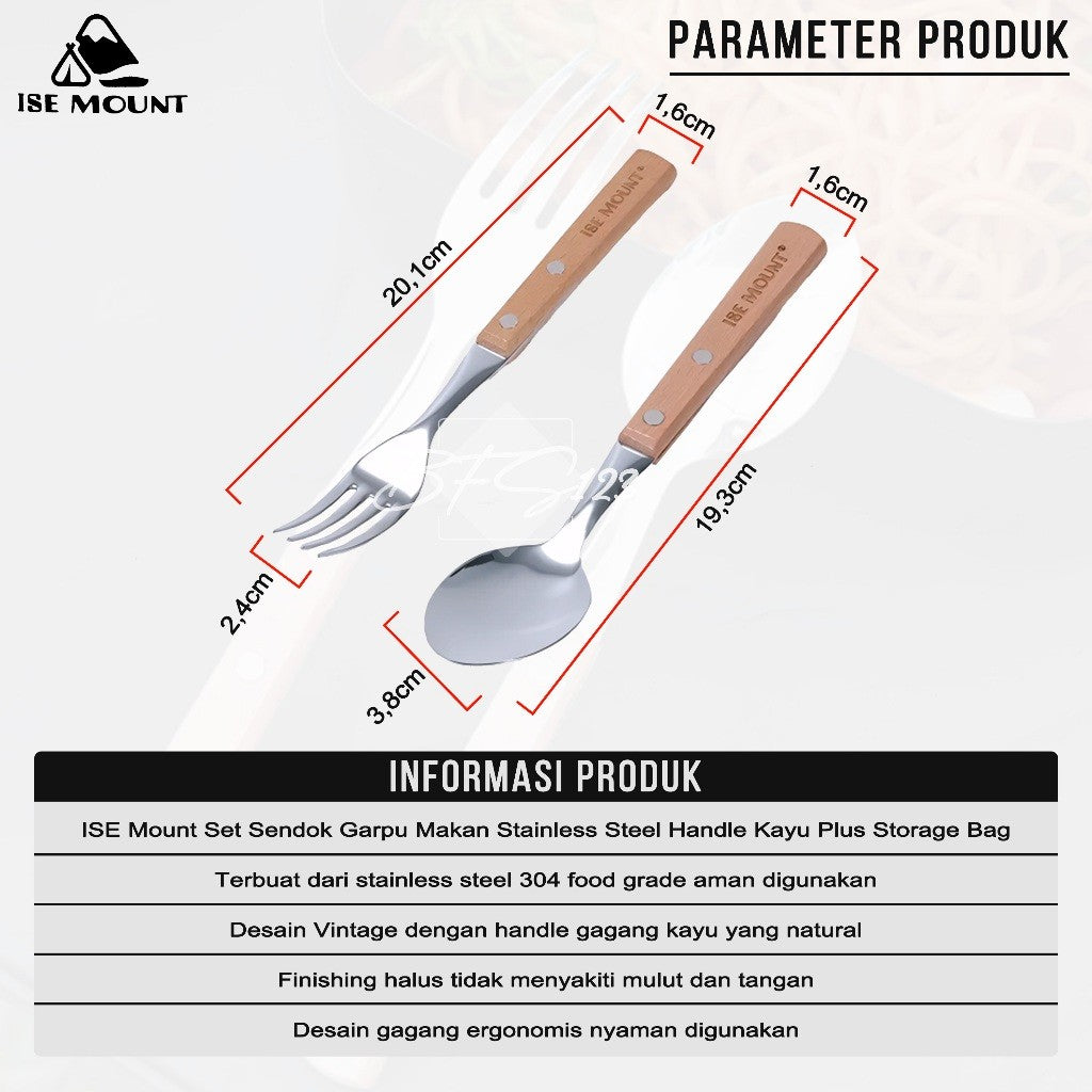 ISE Mount Set Sendok Garpu Makan Camping Outdoor Stainless Steel Handle Kayu Plus Storage Bag