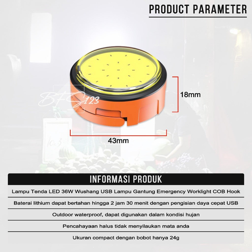 Lampu Tenda LED 36W Wushang USB Lampu Gantung Emergency Worklight COB Hook Carabiner Magnet Waterproof