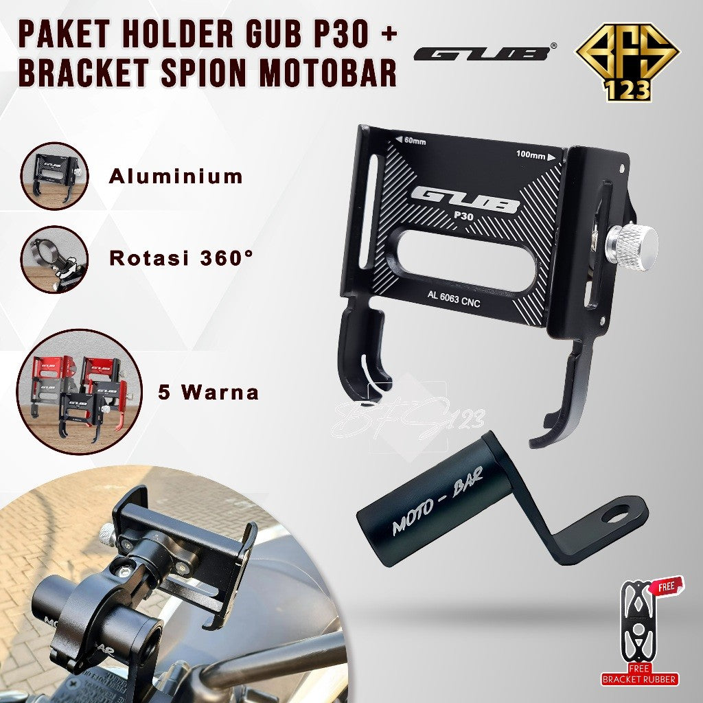 Paket GUB P30 / GUB P30 PRO Phone Holder + Bracket Spion MOTOBAR Original Alumunium Alloy Holder Hp Motor