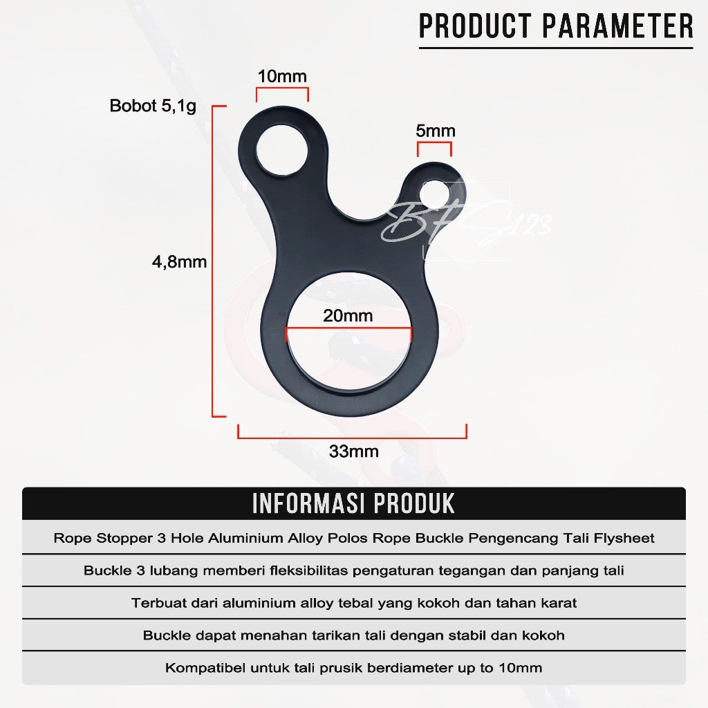 Rope Stopper 3 Hole Aluminium Alloy Polos Rope Buckle Pengencang Tali Flysheet Camping