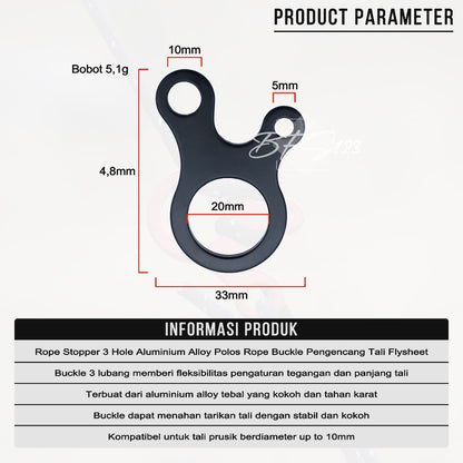 Rope Stopper 3 Hole Aluminium Alloy Polos Rope Buckle Pengencang Tali Flysheet Camping