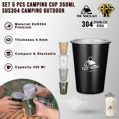ISE Mount Set 5 Pcs Gelas Camping  Stainless 350ml Plus Storage Camping Outdoor Stainless 304