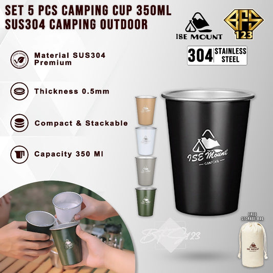 ISE Mount Set 5 Pcs Gelas Camping  Stainless 350ml Plus Storage Camping Outdoor Stainless 304