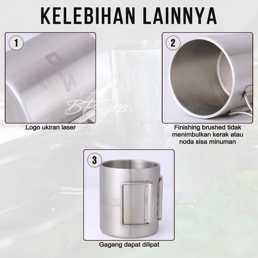 CLS Mug Gelas Camping 350 ml Outdoor Hanlde Lipat Mug Stainless Steel SUS304 Camping Outdoor