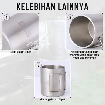 CLS Mug Gelas Camping 350 ml Outdoor Hanlde Lipat Mug Stainless Steel SUS304 Camping Outdoor