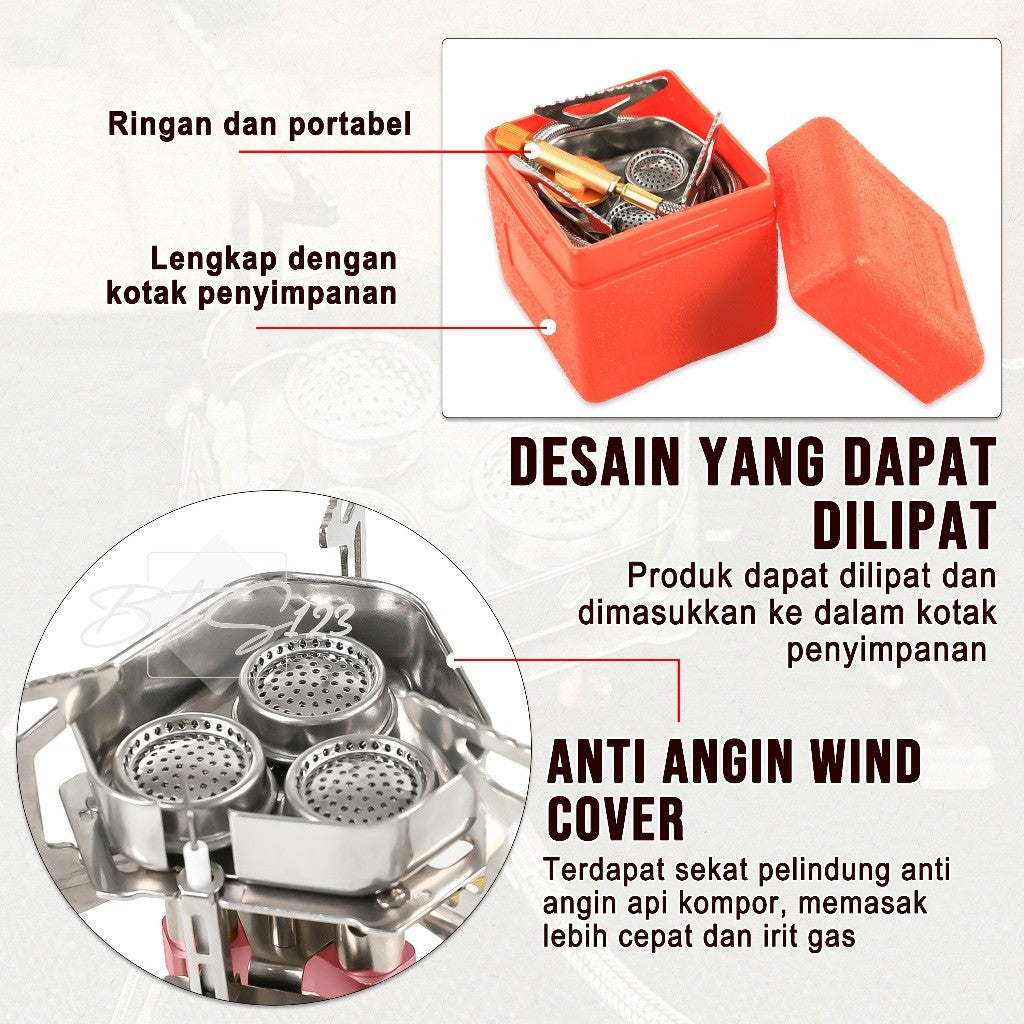BFS123 Kompor Ultralight 3 Tungku 6800W Camping Stove Portable Hiking Model Gas Tabung Hicook Canister