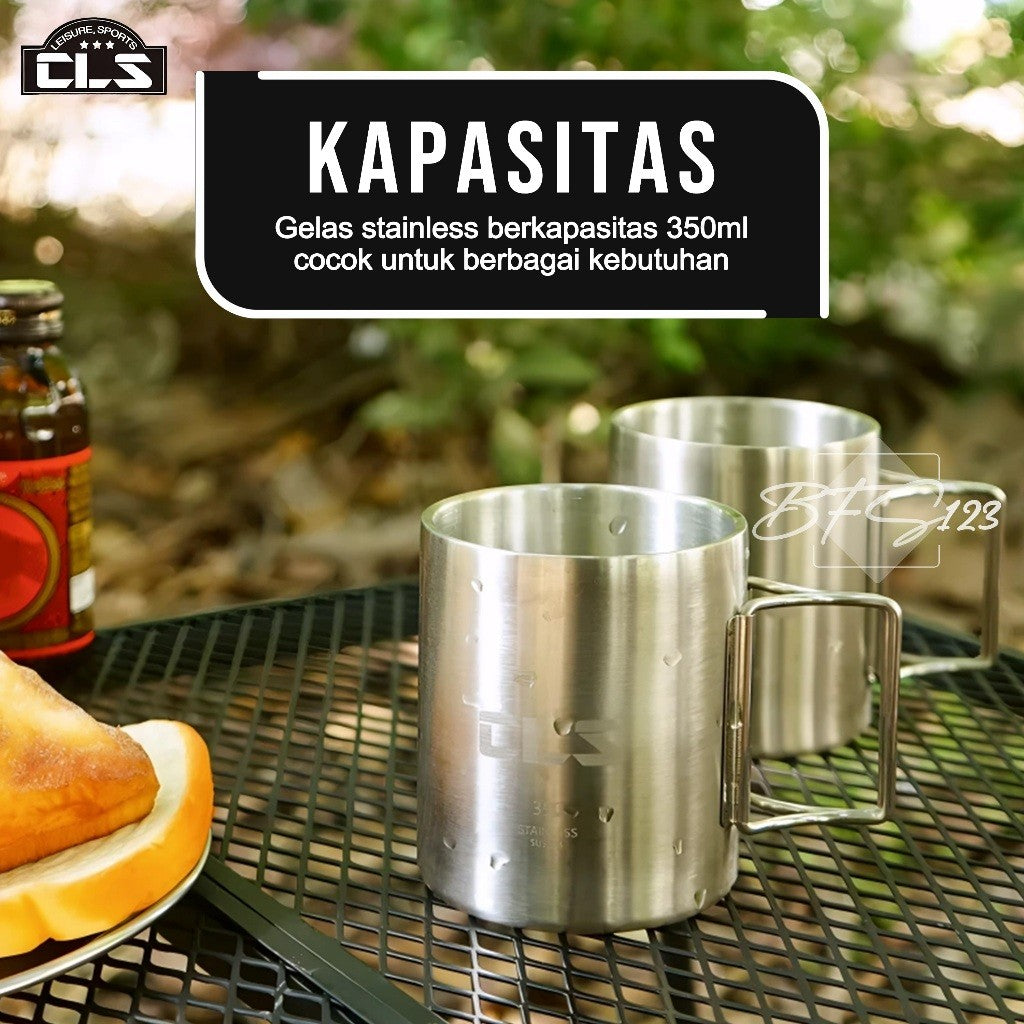 CLS Mug Gelas Camping 350 ml Outdoor Hanlde Lipat Mug Stainless Steel SUS304 Camping Outdoor