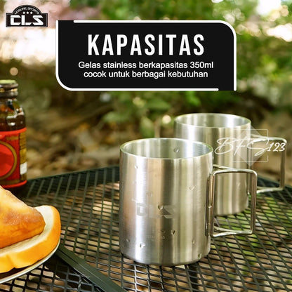 CLS Mug Gelas Camping 350 ml Outdoor Hanlde Lipat Mug Stainless Steel SUS304 Camping Outdoor
