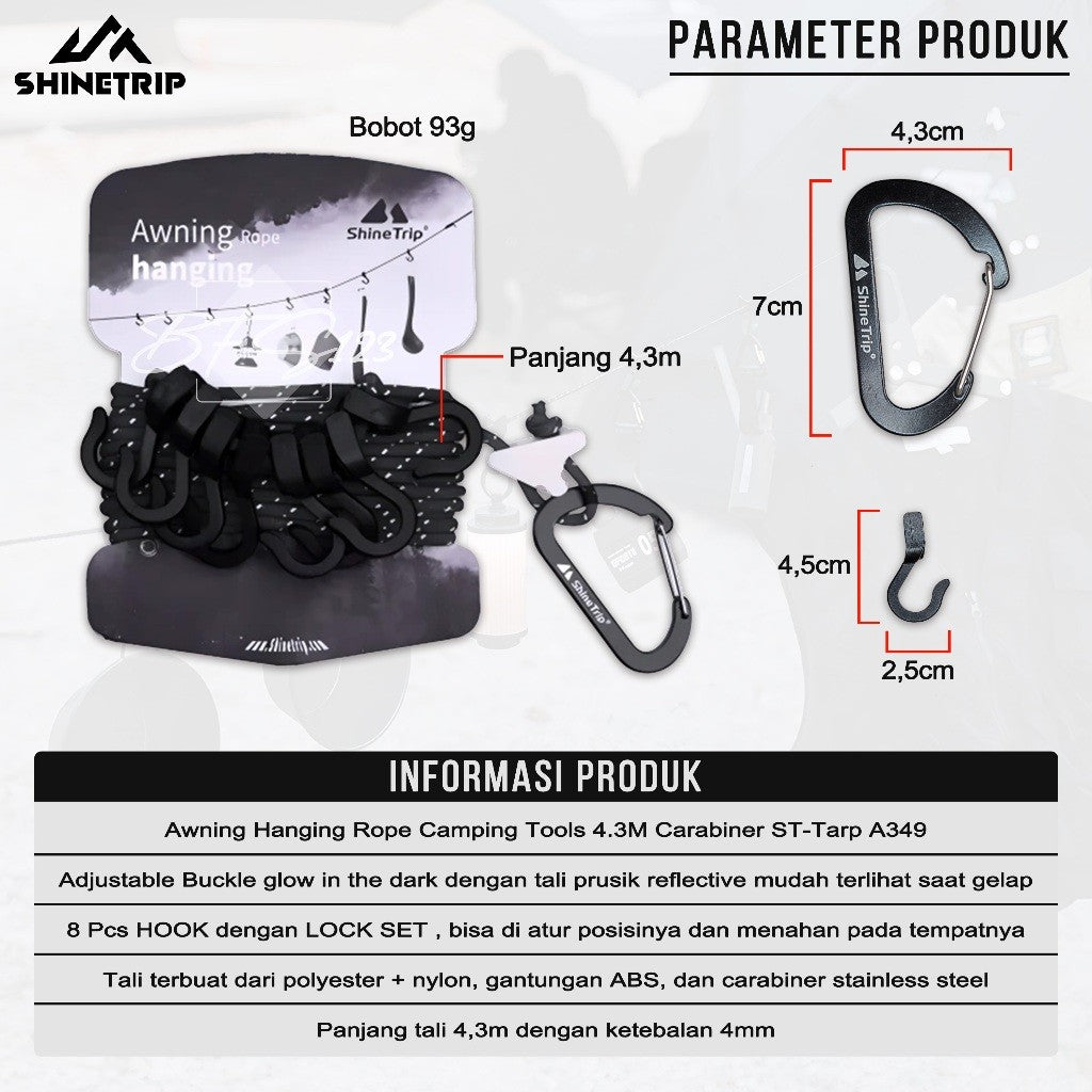 SHINETRIP Awning Hanging Rope Camping Tools 4.3M HOOK Carabiner Tali Gantung Peralatan Camping ST-Tarp A349 Outdoor