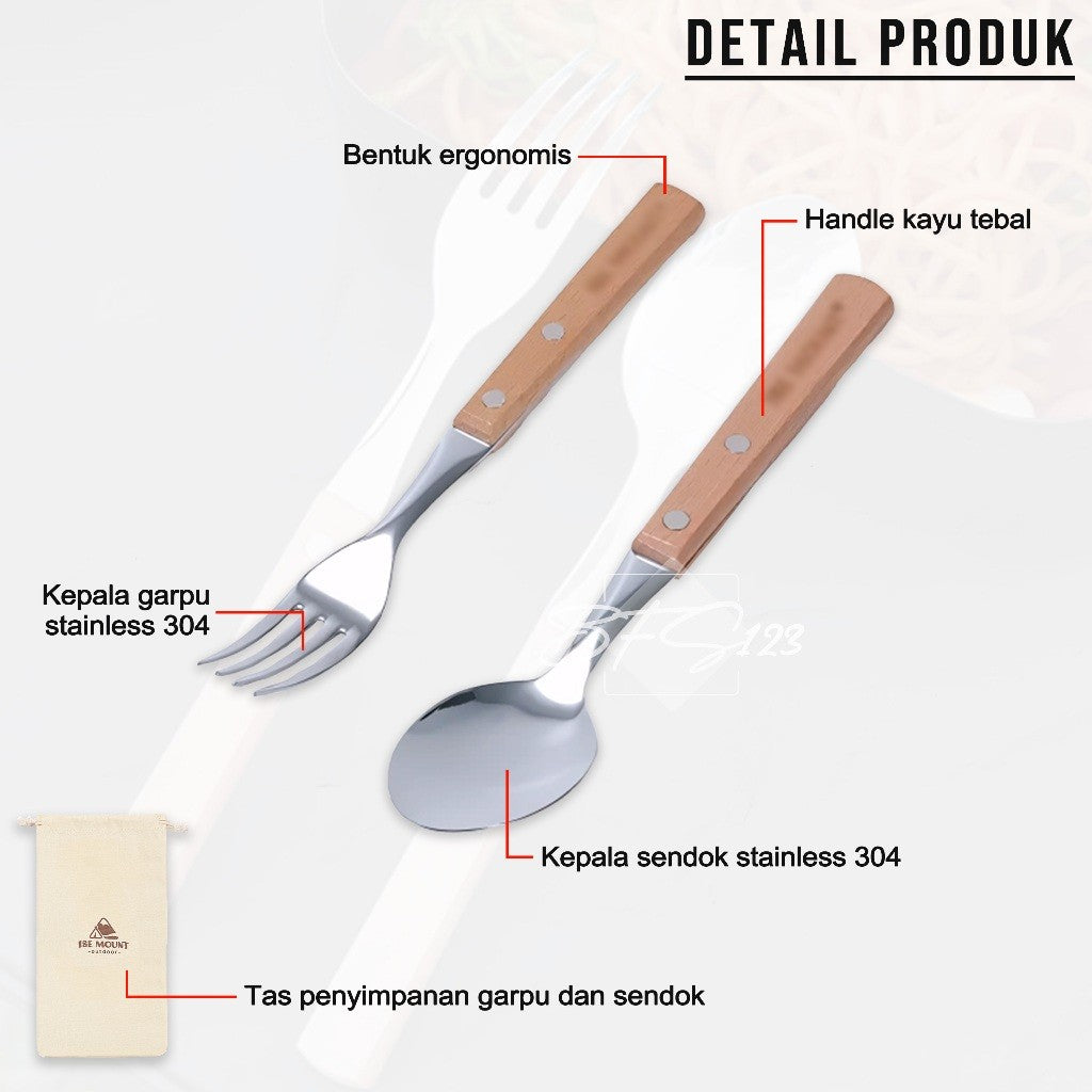 ISE Mount Set Sendok Garpu Makan Camping Outdoor Stainless Steel Handle Kayu Plus Storage Bag