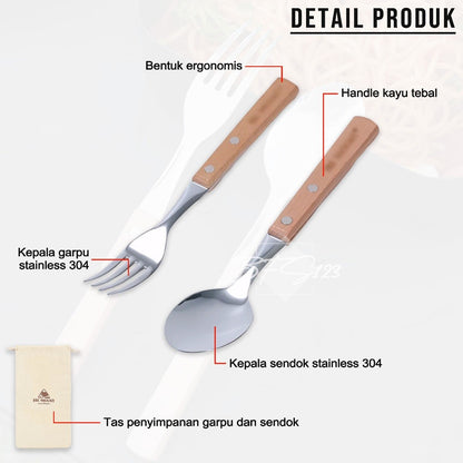 ISE Mount Set Sendok Garpu Makan Camping Outdoor Stainless Steel Handle Kayu Plus Storage Bag
