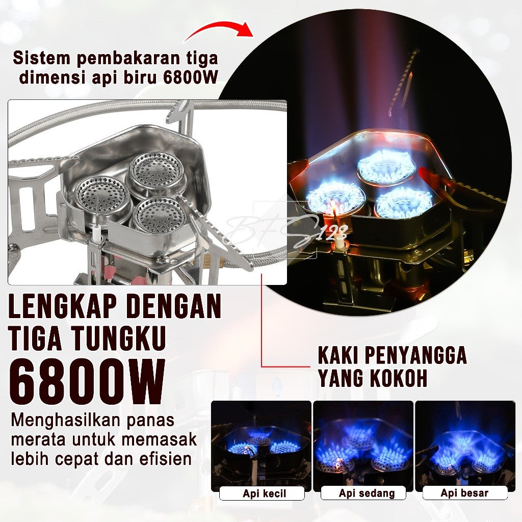 BFS123 Kompor Ultralight 3 Tungku 6800W Camping Stove Portable Hiking Model Gas Tabung Hicook Canister