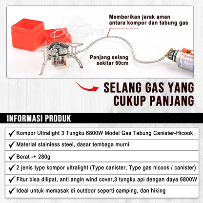 BFS123 Kompor Ultralight 3 Tungku 6800W Camping Stove Portable Hiking Model Gas Tabung Hicook Canister
