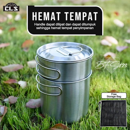 CLS 2 in 1 Nesting Mug Pot Set 1L 0,7L Handle Lipat Stainless Steel 304 Set Panci Mug Camping Hiking Outdoor